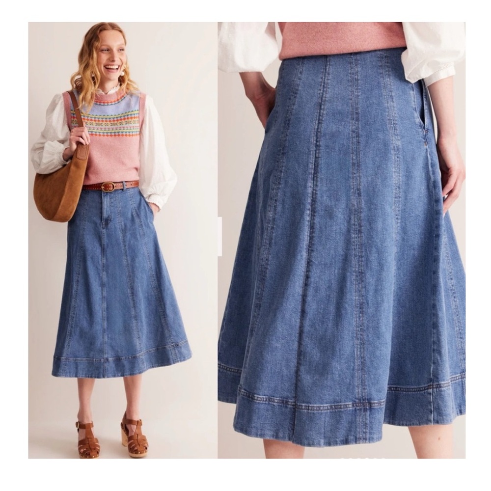 Boden Panelled Full Denim Skirt, Vintage Blue, Size 16